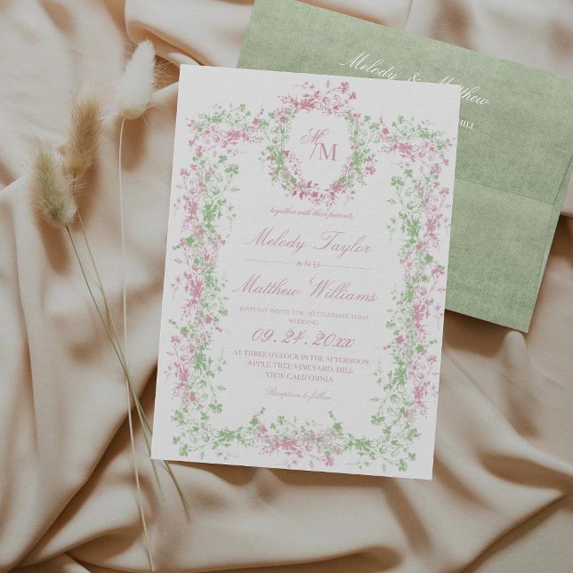 All in One Blush and Sage Delicate French Wedding Inbjudningar (Skapare uppladdad)