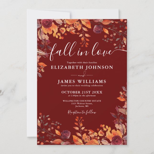 All In One Burgundy Fall In Love QR Code Wedding Inbjudningar (Framsida)