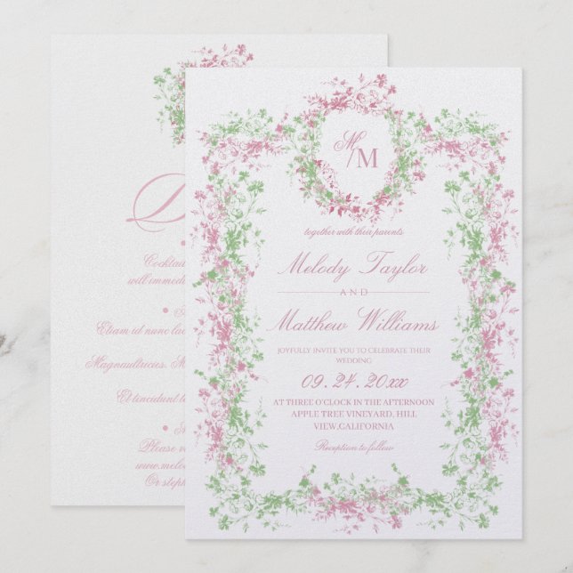 All in One Delicate Blush and Sage Ornate Wedding Inbjudningar (Fram/baksida)