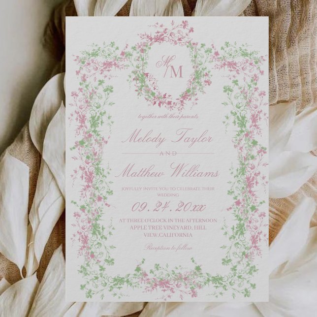All in One Delicate French Flora Crest Wedding Inbjudningar (Skapare uppladdad)