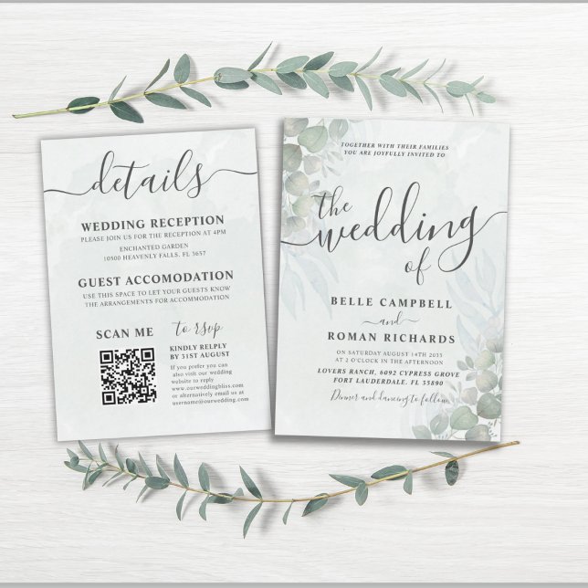 All-in-One Eucalyptus Sage Grönt Bröllop Inbjudningar (Skapare uppladdad)