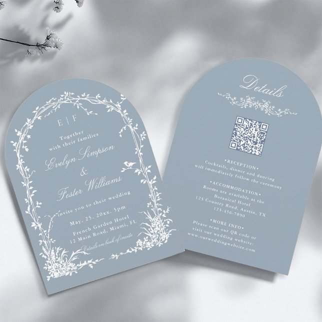 All in One Floral Arch Garden Wedding Dusty Blue Inbjudningar (Front & Back)