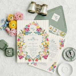 All In One French Blue Floral Monogram Vintage Inbjudningar