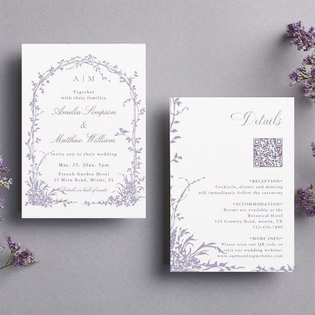 All in One Lavender Botanical Arch Garden Wedding  Inbjudningar (Front & Back)