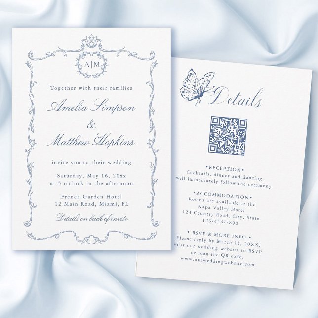 All in One Modern Classic French Wedding Blue Inbjudningar (Front & Back)