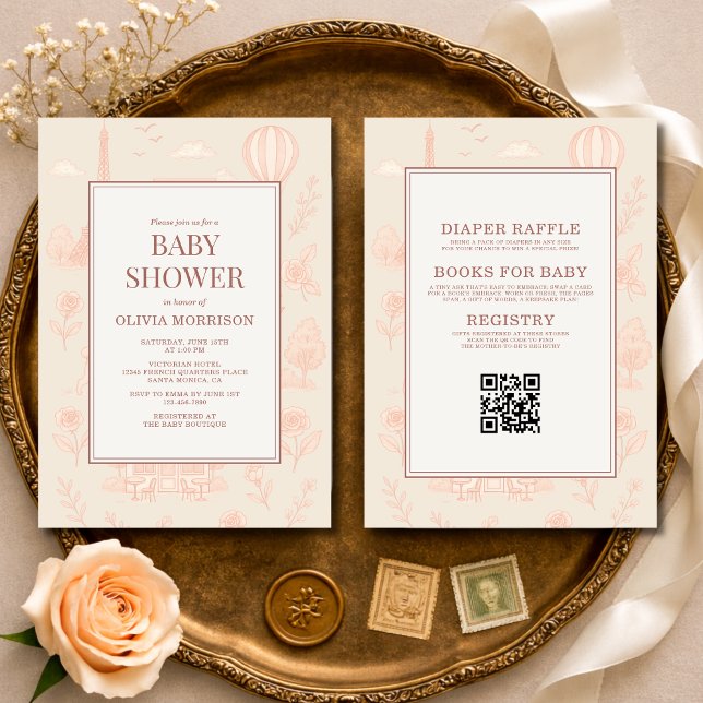All in One Paris French Toile QR Code Baby Shower Inbjudningar (Skapare uppladdad)