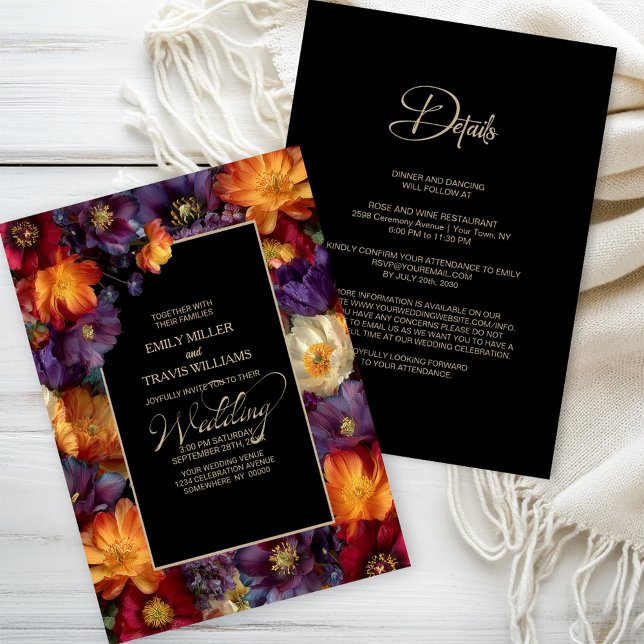 All in One Purple and Orange Floral Black Wedding Inbjudningar (Skapare uppladdad)