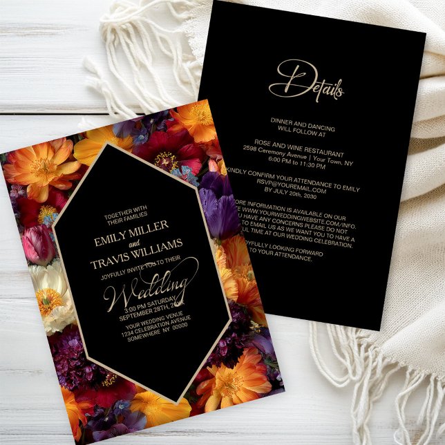All in One Purple and Orange Floral Black Wedding Inbjudningar (Skapare uppladdad)