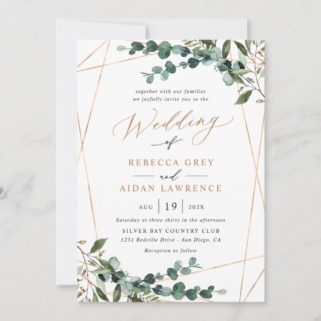 All-In-One Rustic Watercolor Gold Greenery Wedding Inbjudningar (Framsida)
