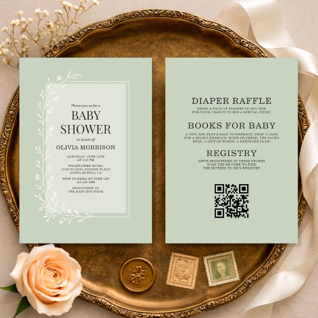 All in One Sage Green Botanical Floral Baby Shower Inbjudningar (Skapare uppladdad)