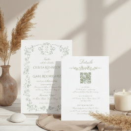 All in One Sage Green French Floral w QR Wedding Inbjudningar