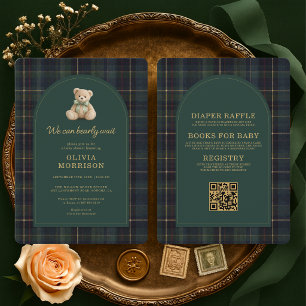 All in One Tartan Bearly Wait Grön Baby Shower Inbjudningar