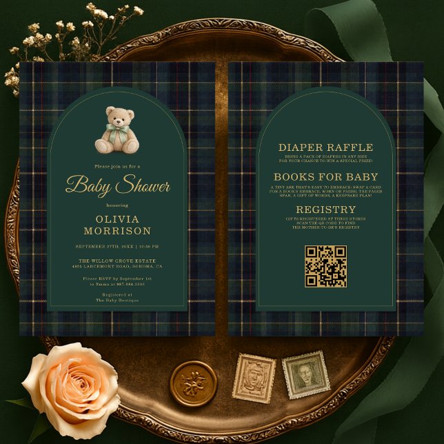 All in One Teddy Bear Plaid Green Baby Shower Inbjudningar (Skapare uppladdad)