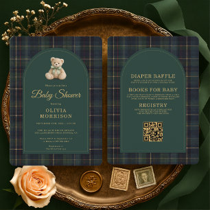 All in One Teddybjörn Tartan Grön Baby Shower Inbjudningar
