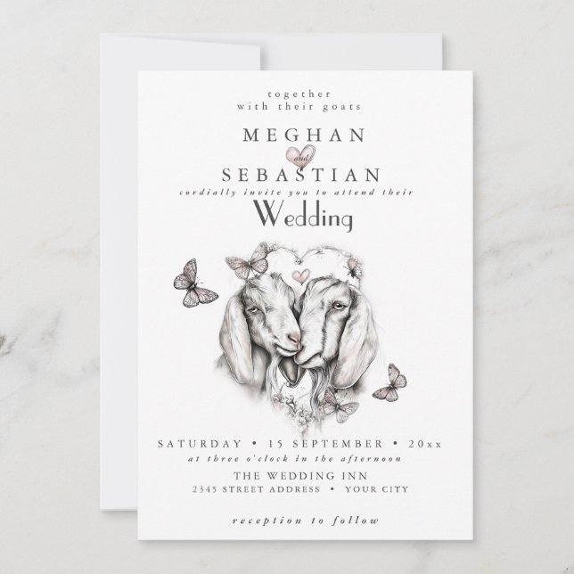 ALL in ONE Wedding Goats in Love Invitation Inbjudningar (Framsida)