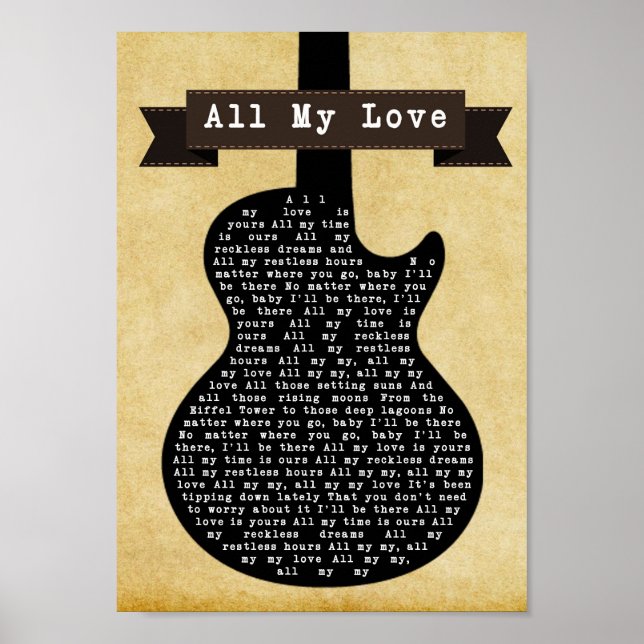 All Kärlek Black Guitar Sång Lyric Wall Art-utskri Poster (Framsidan)