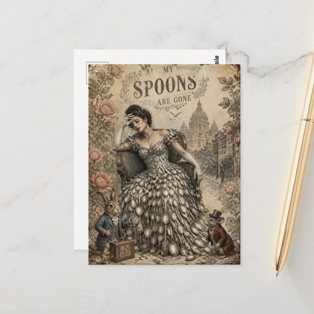 All My Spoons Are Gone Fantasy Cute Critters Lady Vykort (Fram/Back In Situ)