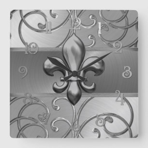 All Silver Filigree Swirls Fleur de Lis Fyrkantig Klocka