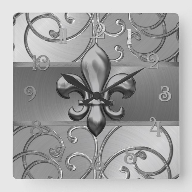 All Silver Filigree Swirls Fleur de Lis Fyrkantig Klocka (Framsida)