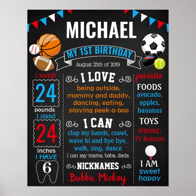 All Sport Bollar First Birthday chalkboard Poster (Framsidan)