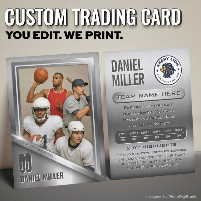 All Sports Anpassad Trading Card, Grå Chrome Stål  (Custom All Sports Trading Card, Stainless Steel Chrome Trading Card )