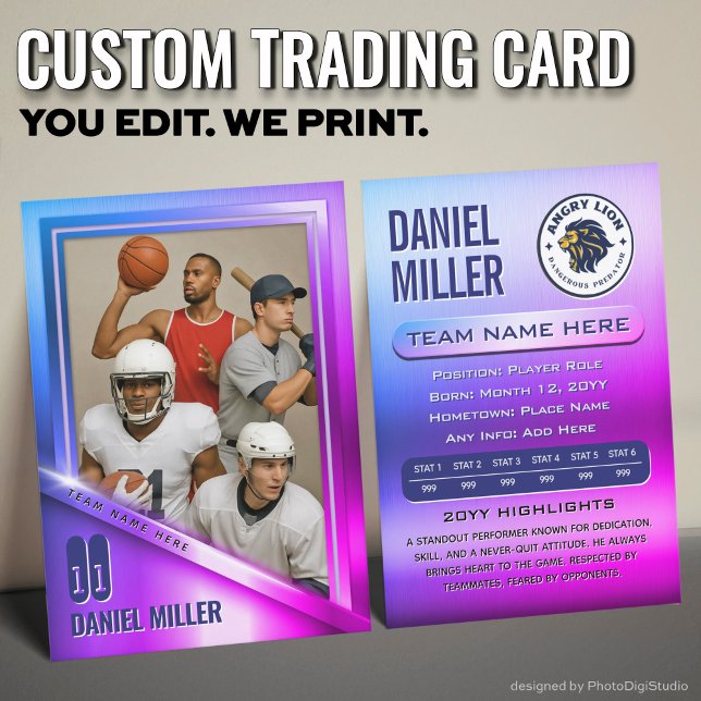 All Sports Custom Trading Card, Neon Chrome Steel  (Custom All Sports Trading Card, Stainless Steel Neon Chrome Trading Card )