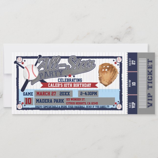 All Star Baseball Party Birthday Biljett inbjudan (Framsida)