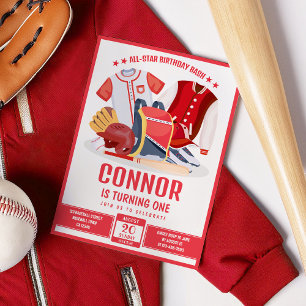 All Star Idrottsman Baseball Red Sports Birthday Inbjudningar