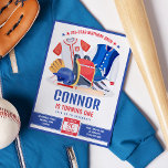 All Star Idrottsman Kids Baseball Birthday Inbjudningar<br><div class="desc">Er lilla Allt-Star baseballmatade födelsedag förtjänar perfekten inbjudan, och denna inbjudan till nyårsafton är en sväng för staketet. Med söt och vismisk charm har den här designen basebollutrustning och en coola varisity jacka, som fångar firande atletiska själ. I en blå och röd palett är det perfekten att samla dina vänner,...</div>