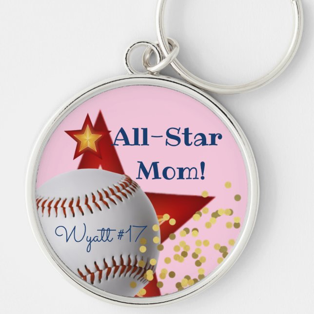 All-Star rosa glitter baseboll Mamma Rund Silverfärgad Nyckelring (Framsidan)