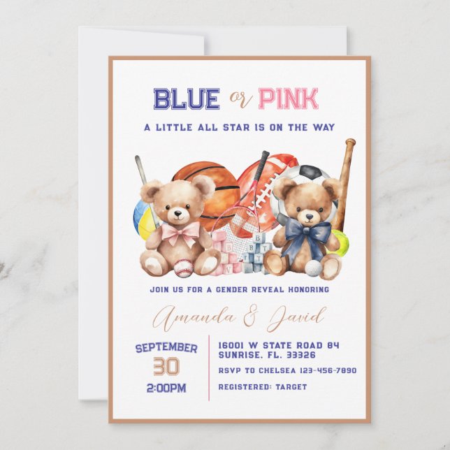  ALL STAR SPORT Baby Gender Reveal Invitation Inbjudningar (Framsida)