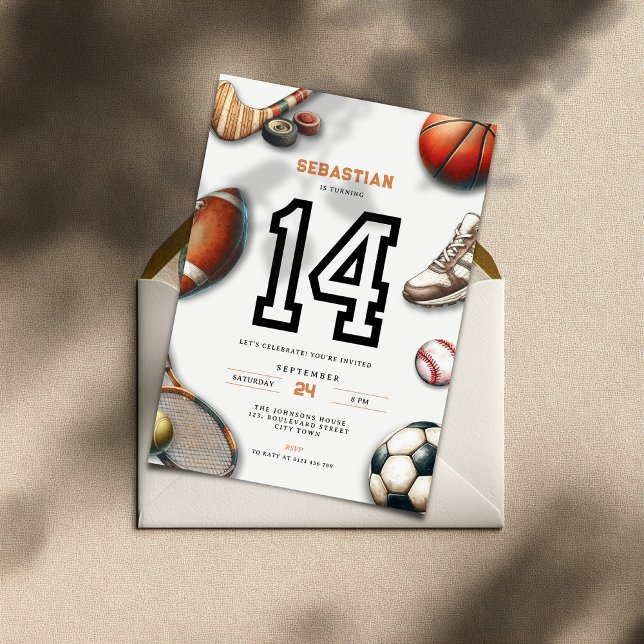 All Star Sports 14th Birthday Invitation for Boys Inbjudningar (All Star Sports 14th birthday invitation for teenager boys)