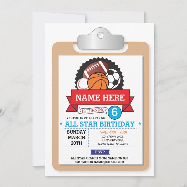 All Star Sports Party Football USA Birthday Inbjud Inbjudningar (Framsida)
