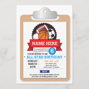 All Star Sports Party Football USA Birthday Inbjud Inbjudningar