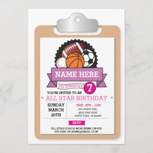 All Star Sports Party Rosa Girls Birthday Inbjudan