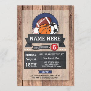 All Star Sports-skåp Rugby BasketBall Birthday Inbjudningar