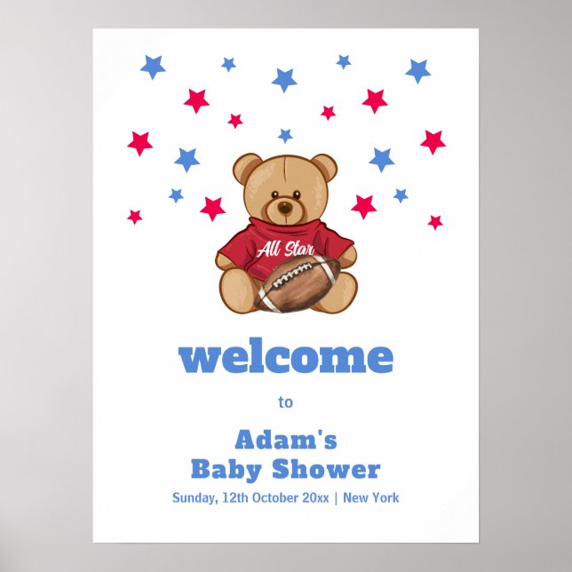 All Star Teddy Bear Football Baby Shower Welcome  Poster (Framsidan)