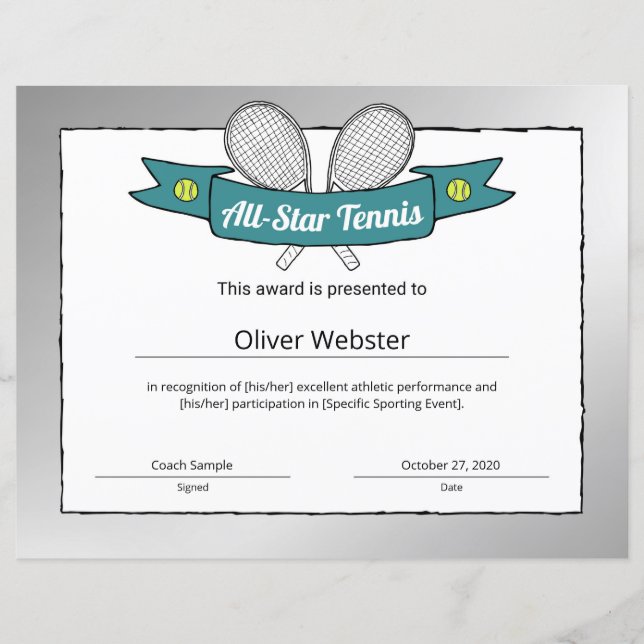 All-Star Tennisspelare Utmärkelse Tennis Certifika (Framsida)