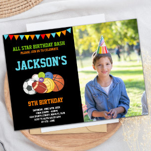 All Stars Black Sports Party Birthday med foto Inbjudningar