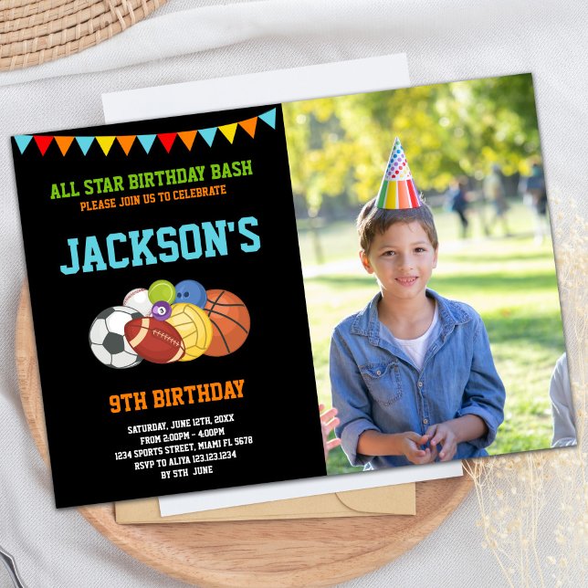 All Stars Black Sports Party Birthday med foto Inbjudningar (All Stars Black Sports Party Birthday with photo Invitation)