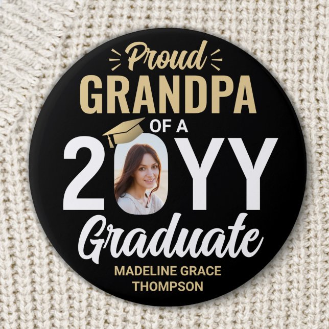All text & Student Photo Proud Grandpa Black Guld Knapp (Skapare uppladdad)