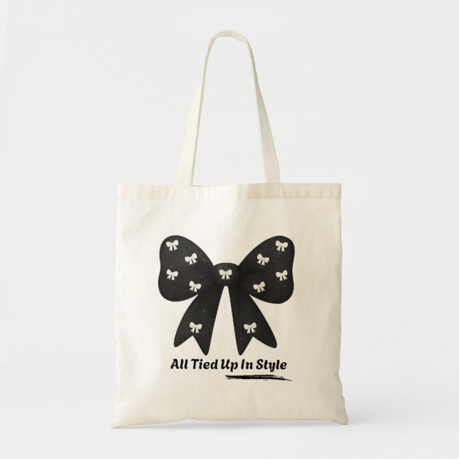 All Tied Up In Style Tote Bag – Elegant Black Bow  Tygkasse (Framsidan)