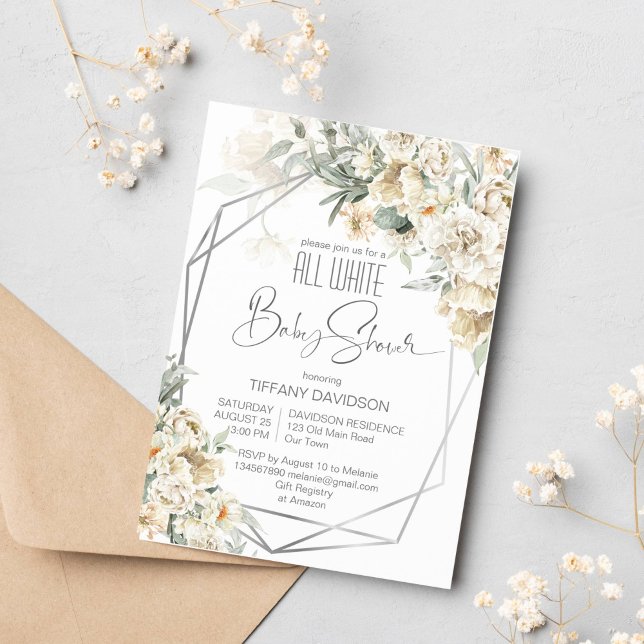 All vit babydusch silver ram blommigt inbjudningar (All white baby shower invitation white flowers silver geometrical frame silver sage white themed)