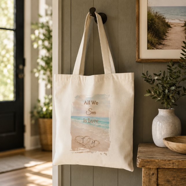 All We Sea Is Love Strand Hjärter Sand Monogram  Tygkasse (Skapare uppladdad)