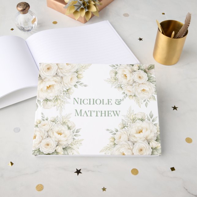 All White Floral Wedding Gästböcker (Framsida Öppen)