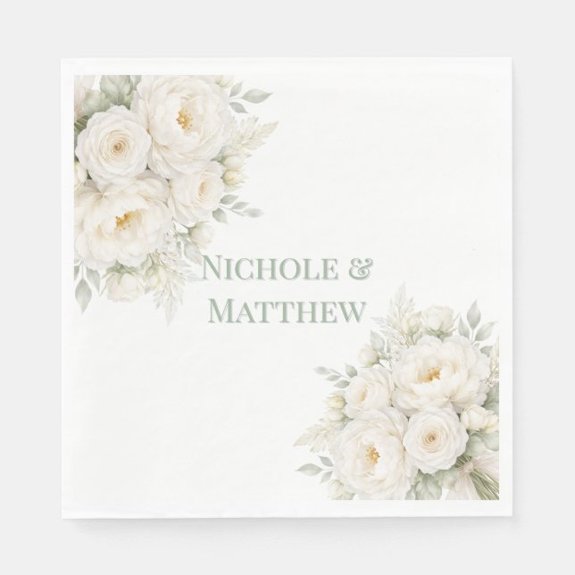 All White Floral Wedding Pappersservett (Framsidan)