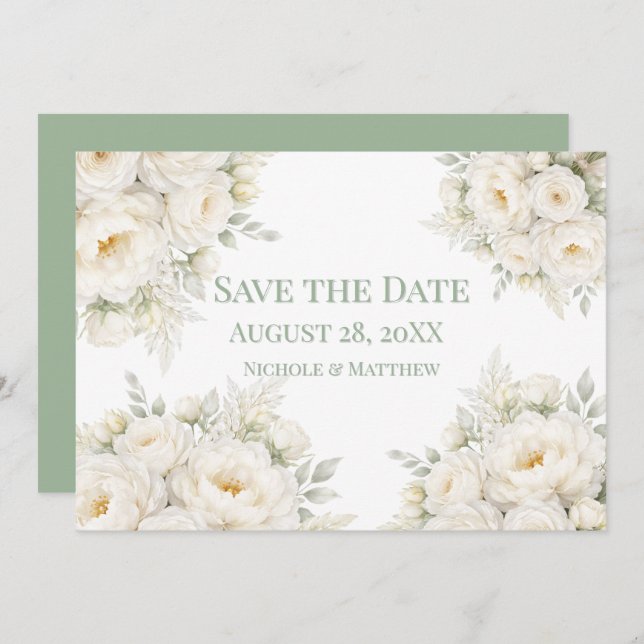 All White Floral Wedding Save the Date Spara Datumet (Fram/baksida)
