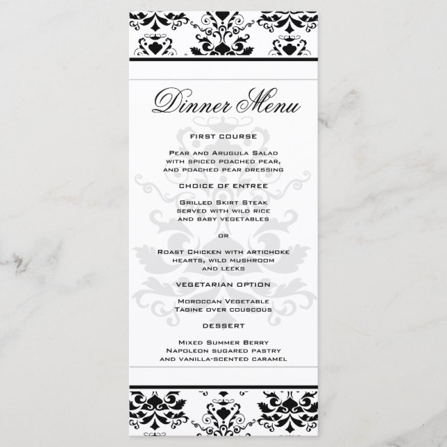 All White with Black Damask Slim Dinner Menu Meny (Framsida)
