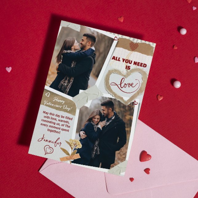 All You Need Is Love Valentines Day Photo Heart  Julkort (all you need is love valentines day cards modern couple cute typography boyfriend heart red unique)