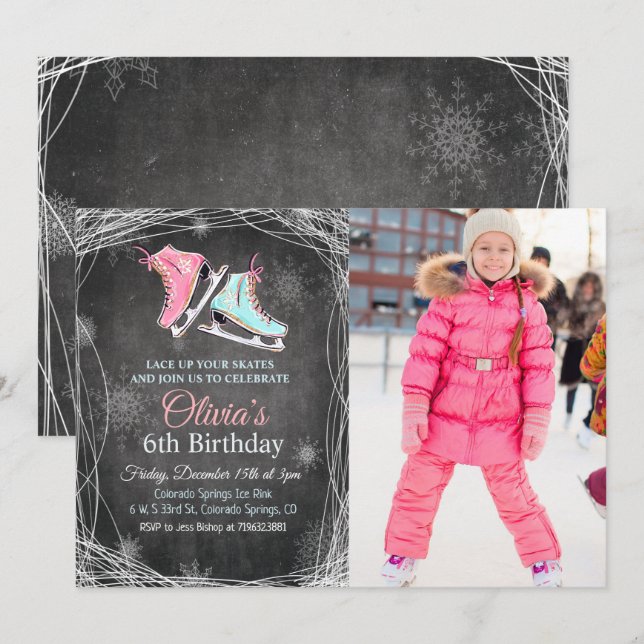 ALLA ÅLDER - CHALK Ice Skating Birthday-inbjudan Inbjudningar (Fram/baksida)